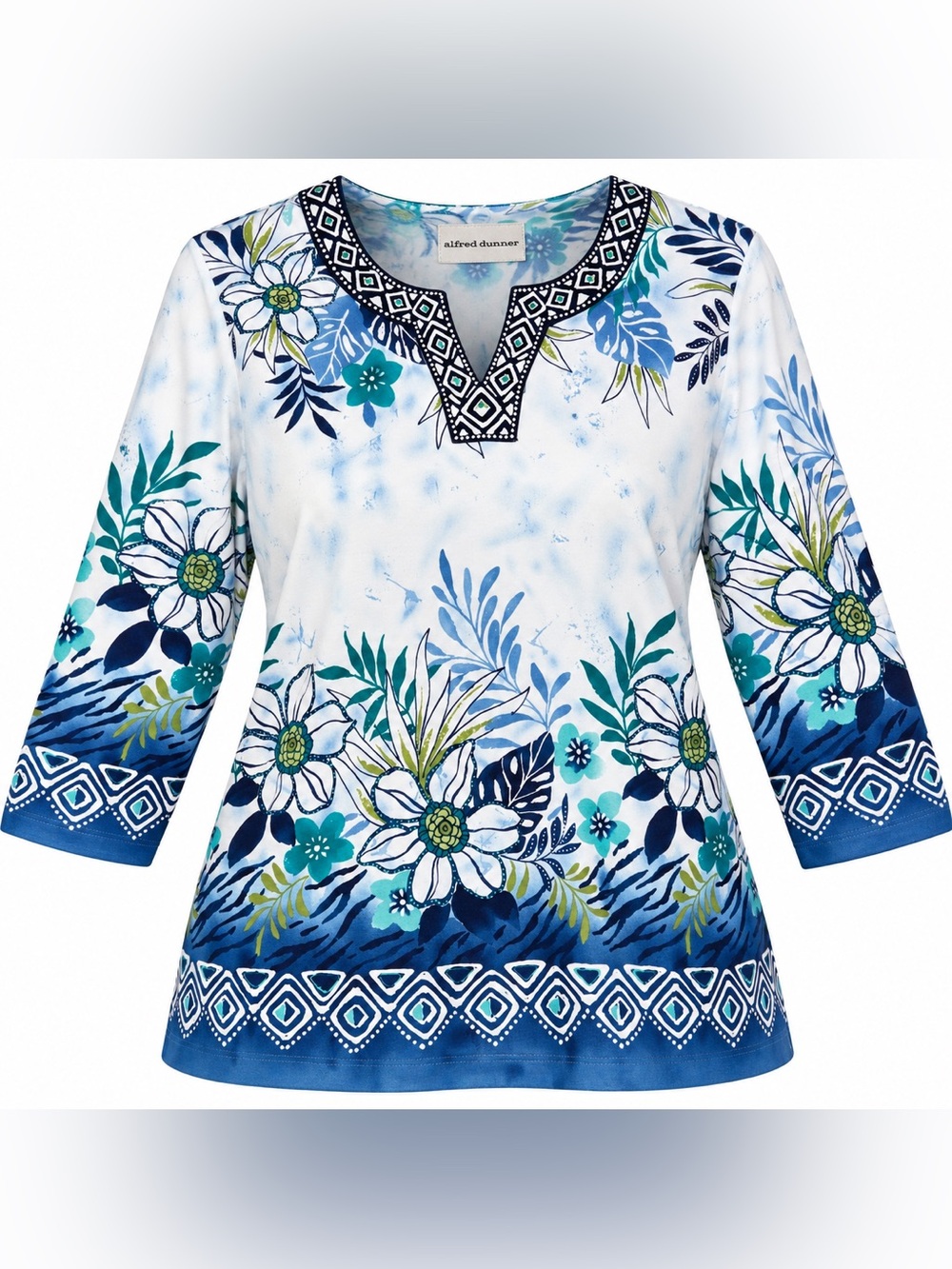 Alfred Dunner White Blue Teal Floral Split-Neck Tunic